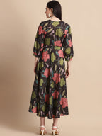Jainish Women's WoBlack Floral Printed A-line Dress With Belt | Grocsy