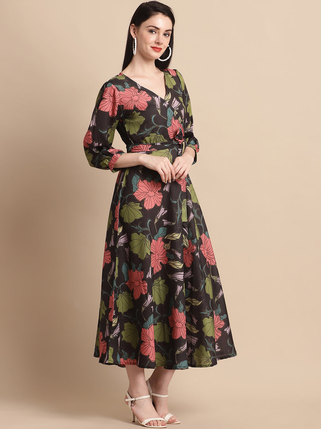 Jainish Women's WoBlack Floral Printed A-line Dress With Belt | Grocsy