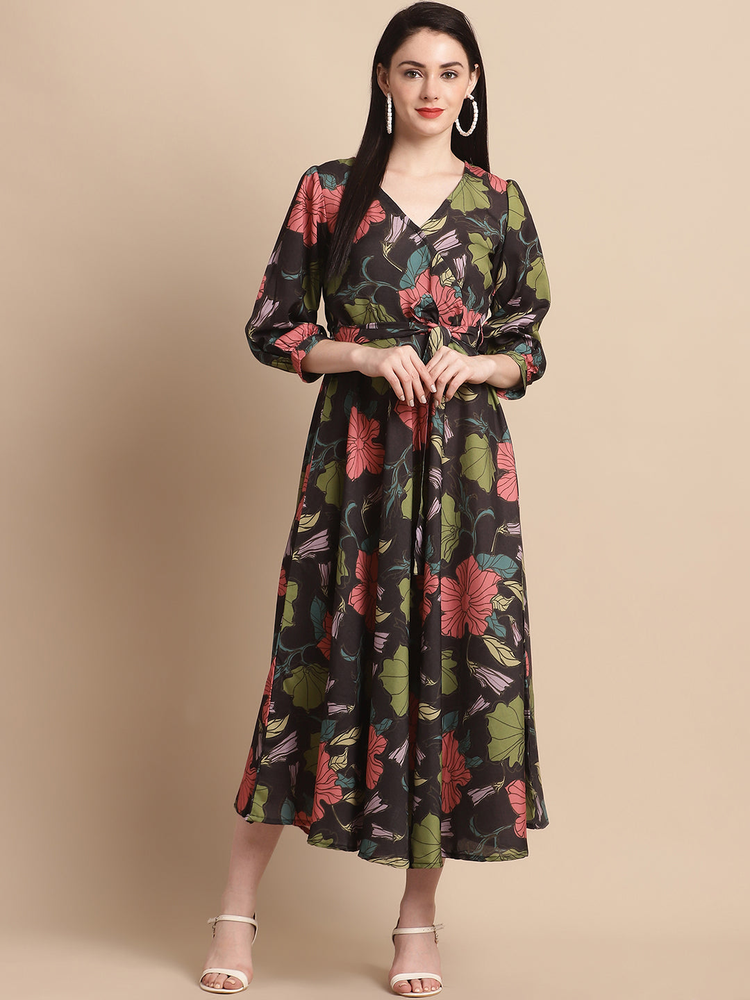 Jainish Women's WoBlack Floral Printed A-line Dress With Belt | Grocsy
