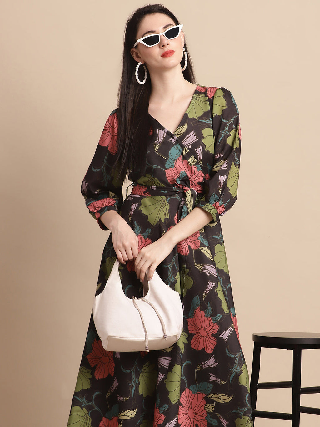 Jainish Women's WoBlack Floral Printed A-line Dress With Belt | Grocsy