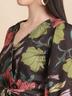 Jainish Women's WoBlack Floral Printed A-line Dress With Belt | Grocsy