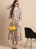 Jainish Women's WoOff-White Floral Printed A-line Dress With Belt | Grocsy