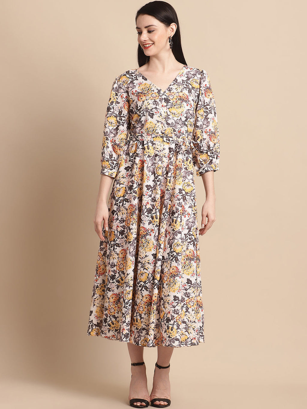 Jainish Women's WoOff-White Floral Printed A-line Dress With Belt | Grocsy