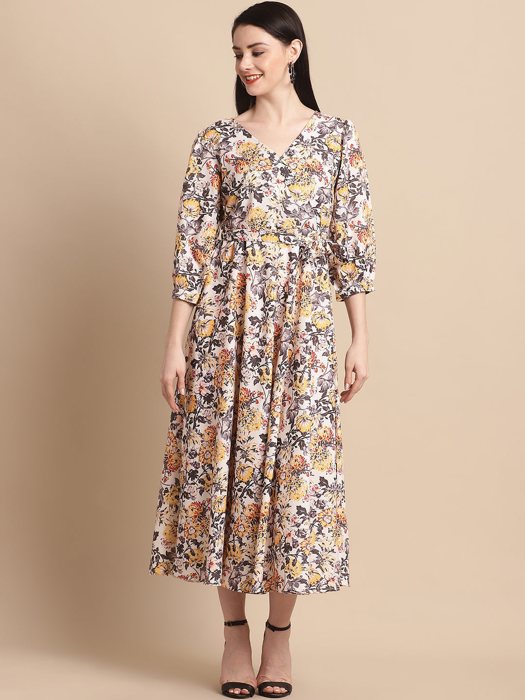 Jainish Women's WoOff-White Floral Printed A-line Dress With Belt | Grocsy