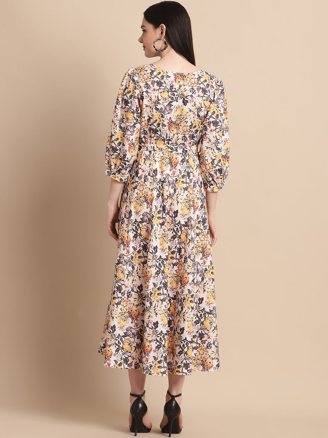 Jainish Women's WoOff-White Floral Printed A-line Dress With Belt | Grocsy
