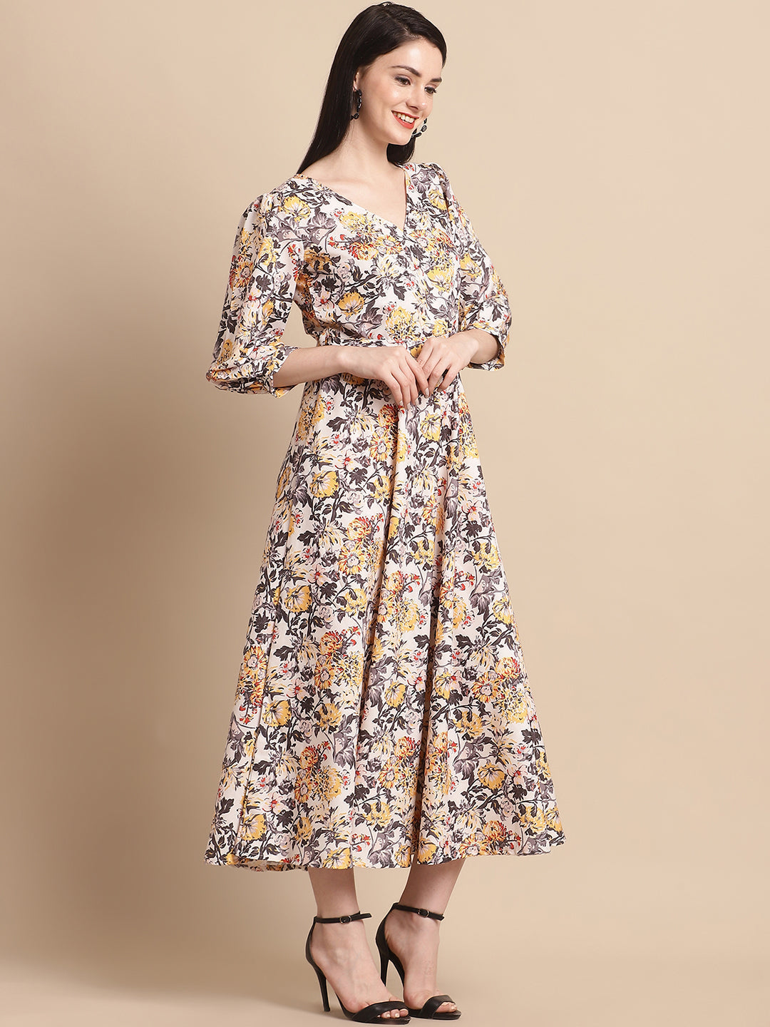 Jainish Women's WoOff-White Floral Printed A-line Dress With Belt | Grocsy
