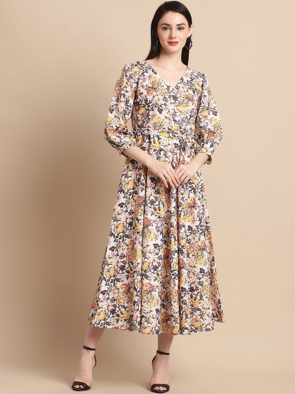 Jainish Women's WoOff-White Floral Printed A-line Dress With Belt | Grocsy