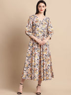Jainish Women's WoOff-White Floral Printed A-line Dress With Belt | Grocsy
