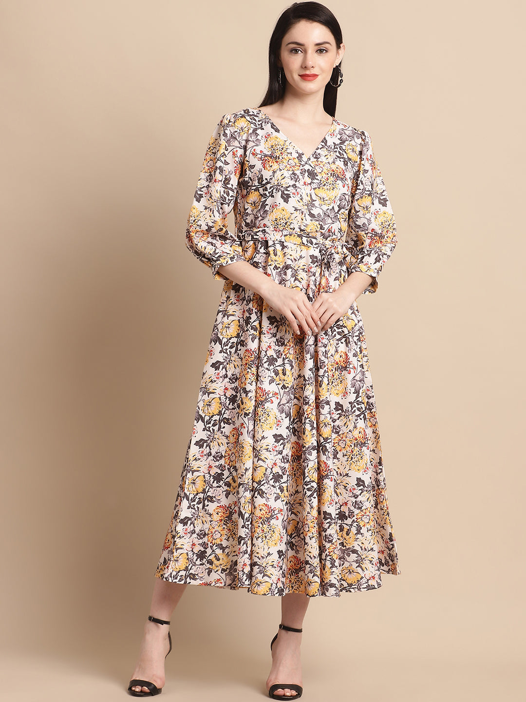 Jainish Women's WoOff-White Floral Printed A-line Dress With Belt | Grocsy