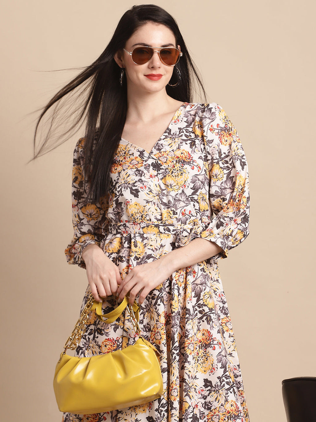 Jainish Women's WoOff-White Floral Printed A-line Dress With Belt | Grocsy