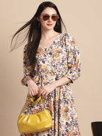 Jainish Women's WoOff-White Floral Printed A-line Dress With Belt | Grocsy
