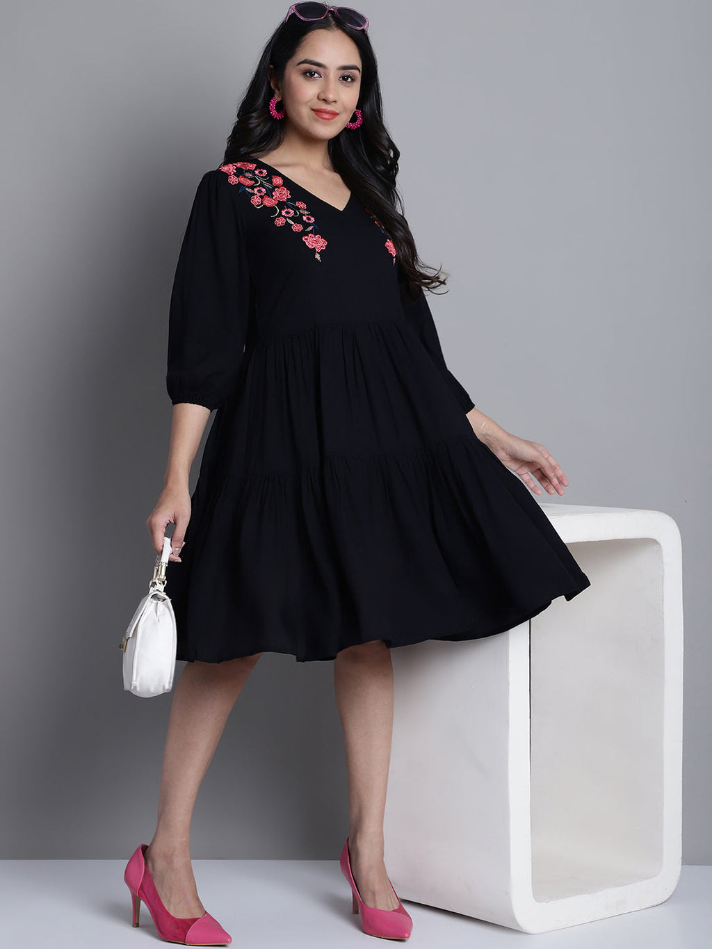 Jainish Women's WoBlack Floral Embroidered A-line Dress | Grocsy