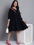 Jainish Women's WoBlack Floral Embroidered A-line Dress | Grocsy