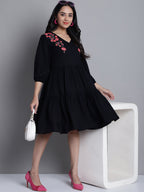 Jainish Women's WoBlack Floral Embroidered A-line Dress | Grocsy