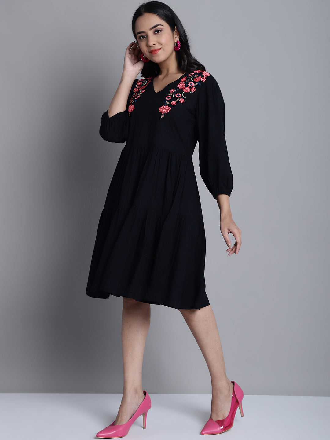 Jainish Women's WoBlack Floral Embroidered A-line Dress | Grocsy