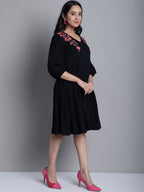 Jainish Women's WoBlack Floral Embroidered A-line Dress | Grocsy