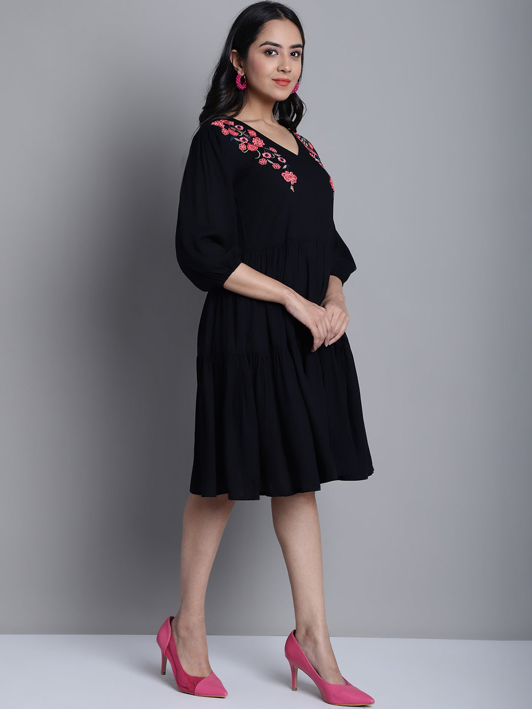 Jainish Women's WoBlack Floral Embroidered A-line Dress | Grocsy