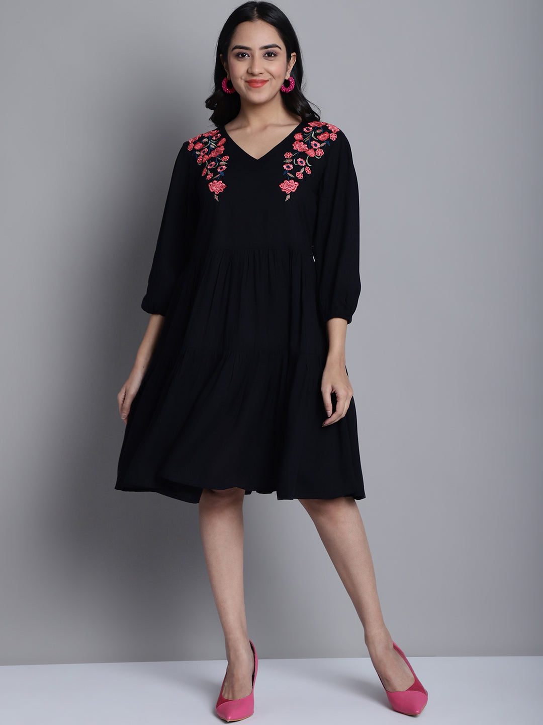 Jainish Women's WoBlack Floral Embroidered A-line Dress | Grocsy