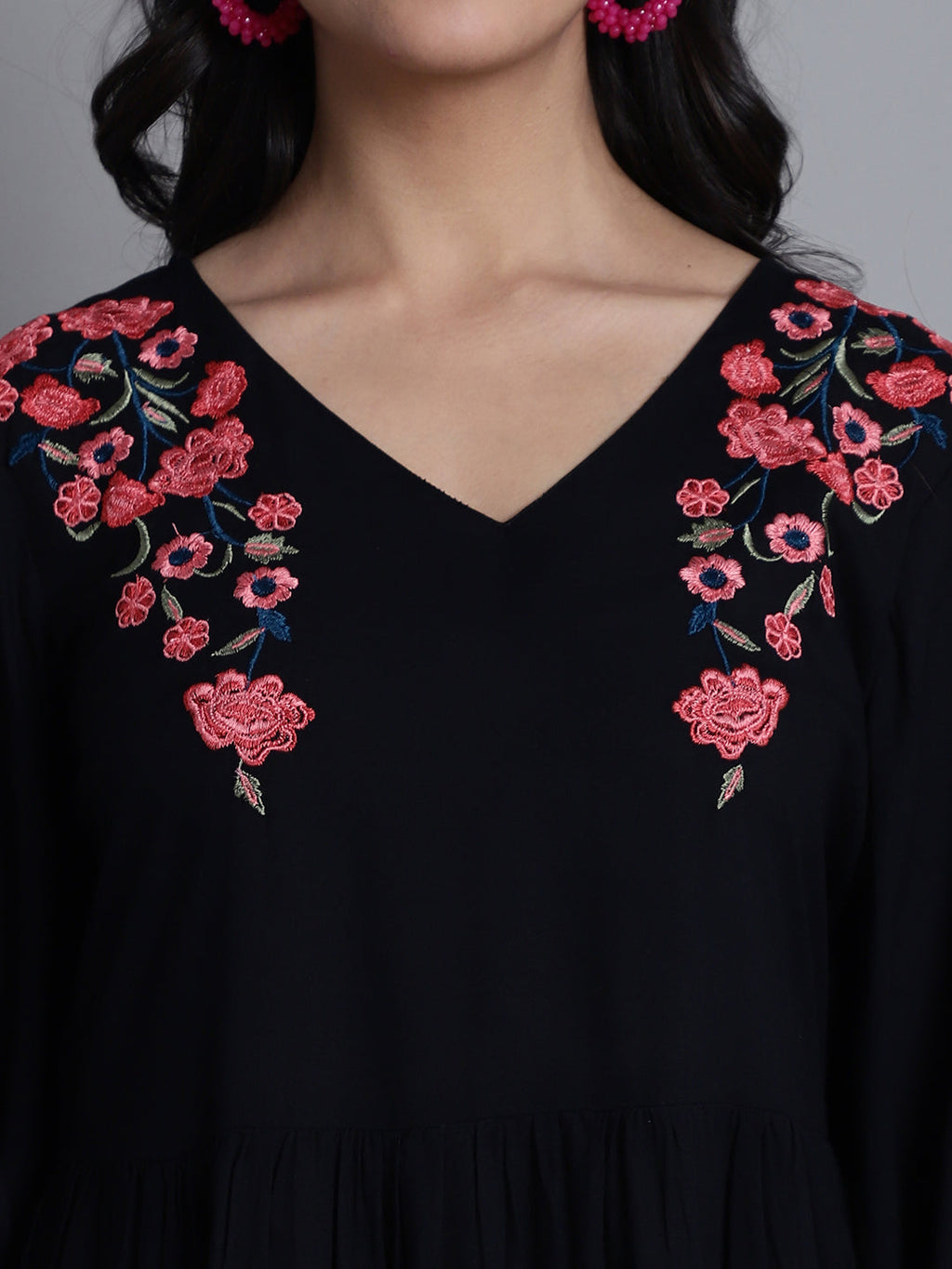 Jainish Women's WoBlack Floral Embroidered A-line Dress | Grocsy