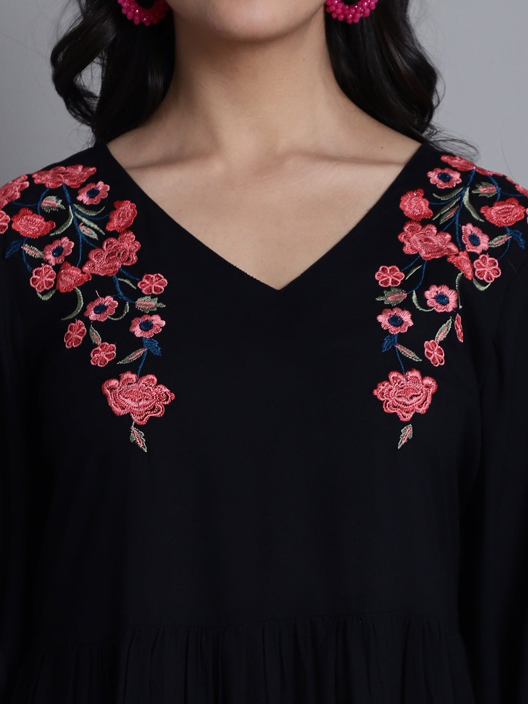 Jainish Women's WoBlack Floral Embroidered A-line Dress | Grocsy