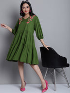 Jainish Women's WoGreen Floral Embroidered A-line Dress | Grocsy