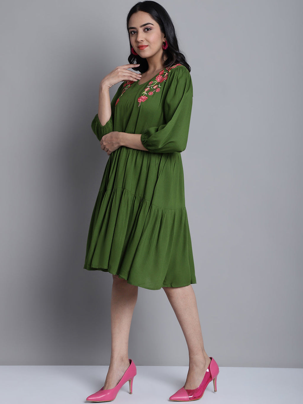 Jainish Women's WoGreen Floral Embroidered A-line Dress | Grocsy