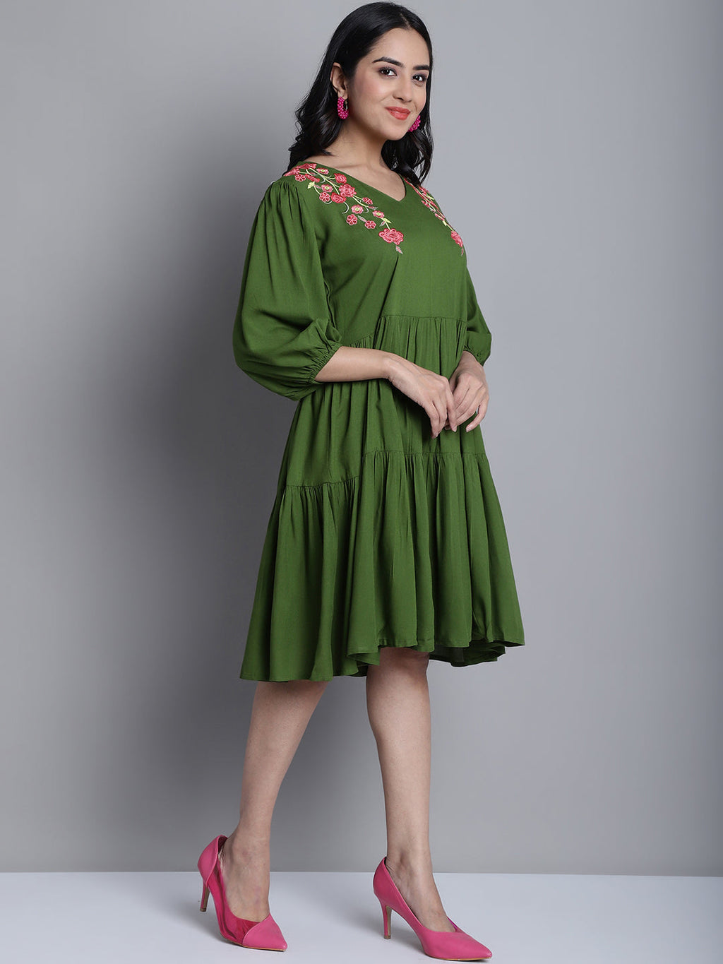 Jainish Women's WoGreen Floral Embroidered A-line Dress | Grocsy