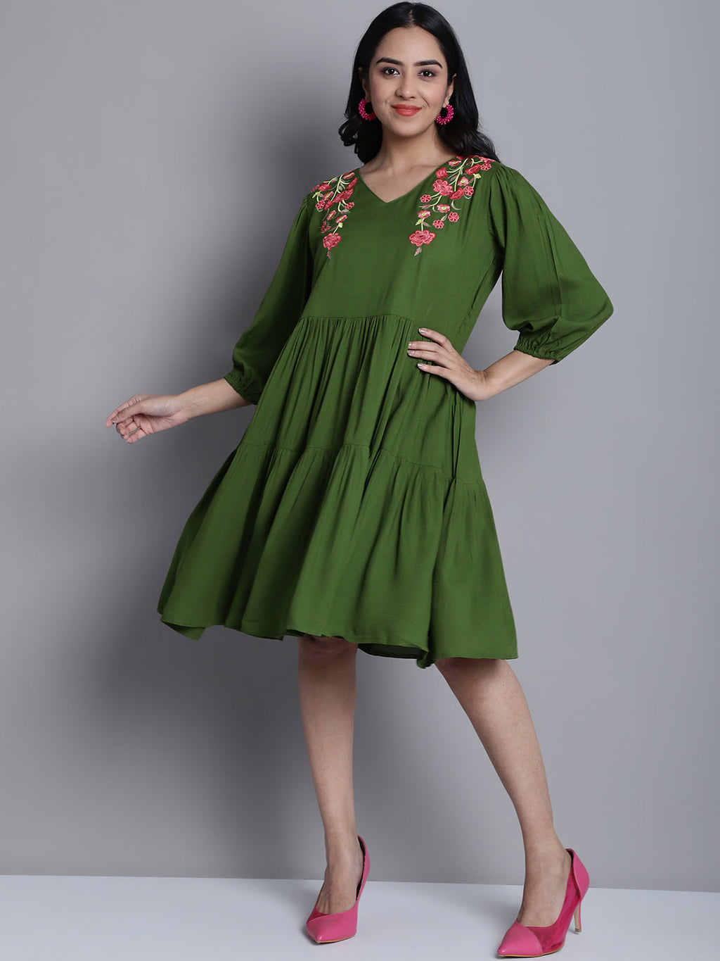 Jainish Women's WoGreen Floral Embroidered A-line Dress | Grocsy