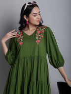 Jainish Women's WoGreen Floral Embroidered A-line Dress | Grocsy
