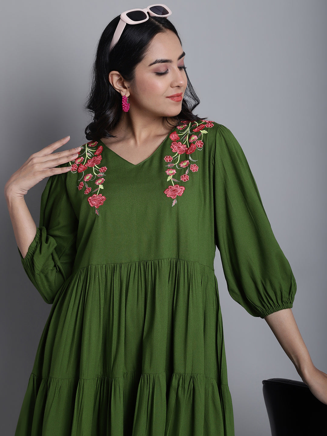 Jainish Women's WoGreen Floral Embroidered A-line Dress | Grocsy