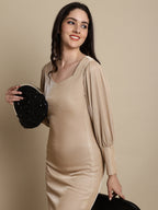 Jainish Women's Shimmer Puff Sleeves bodycon dress - Beige | Grocsy