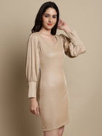 Jainish Women's Shimmer Puff Sleeves bodycon dress - Beige | Grocsy