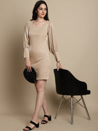 Jainish Women's Shimmer Puff Sleeves bodycon dress - Beige | Grocsy
