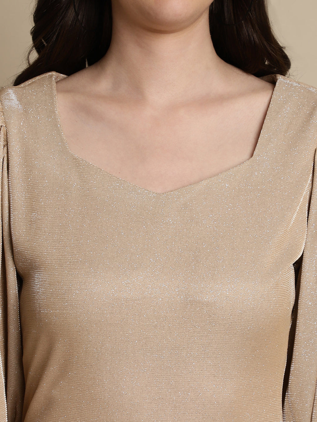 Jainish Women's Shimmer Puff Sleeves bodycon dress - Beige | Grocsy