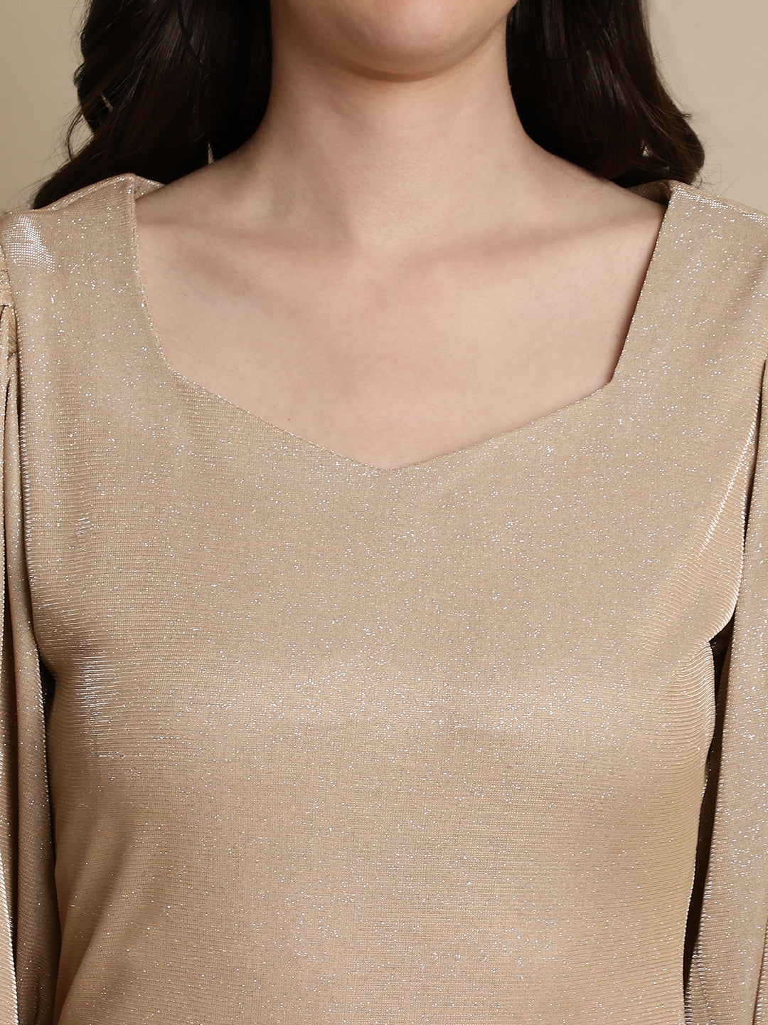 Jainish Women's Shimmer Puff Sleeves bodycon dress - Beige | Grocsy