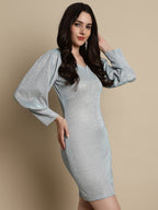 Jainish Women's Shimmer Puff Sleeves bodycon dress - Blue | Grocsy