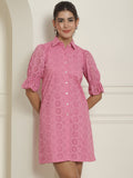 Indian Needle Women's Embroidered Cotton Dress - Pink | Grocsy