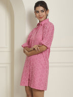 Indian Needle Women's Embroidered Cotton Dress - Pink | Grocsy