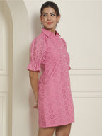 Indian Needle Women's Embroidered Cotton Dress - Pink | Grocsy