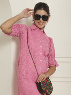Indian Needle Women's Embroidered Cotton Dress - Pink | Grocsy