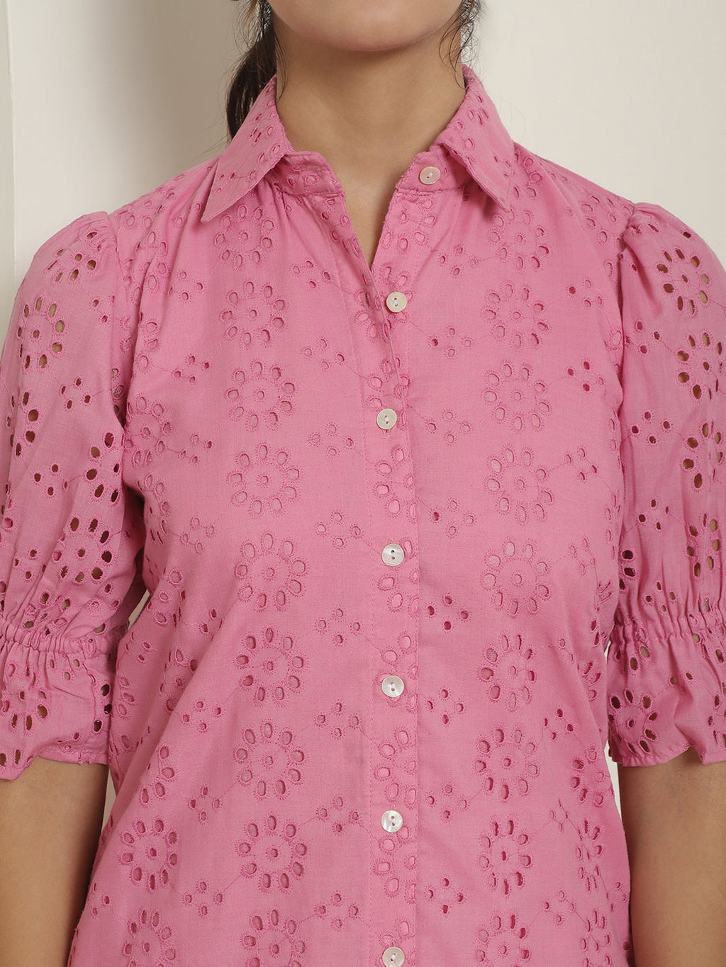 Indian Needle Women's Embroidered Cotton Dress - Pink | Grocsy
