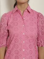 Indian Needle Women's Embroidered Cotton Dress - Pink | Grocsy