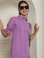 Indian Needle Women's Embroidered Cotton Dress - Purple | Grocsy