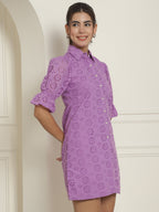 Indian Needle Women's Embroidered Cotton Dress - Purple | Grocsy
