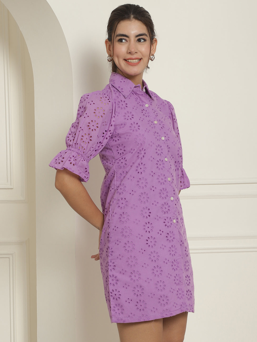Indian Needle Women's Embroidered Cotton Dress - Purple | Grocsy