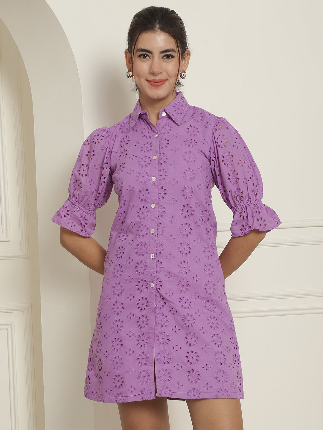 Indian Needle Women's Embroidered Cotton Dress - Purple | Grocsy