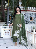 Miravan Women's Mehandi Pintucks Floral Pattern Cotton Straight Kurta with Palazzo And Floral Dupatta Set | Grocsy