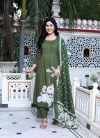 Miravan Women's Mehandi Pintucks Floral Pattern Cotton Straight Kurta with Palazzo And Floral Dupatta Set | Grocsy