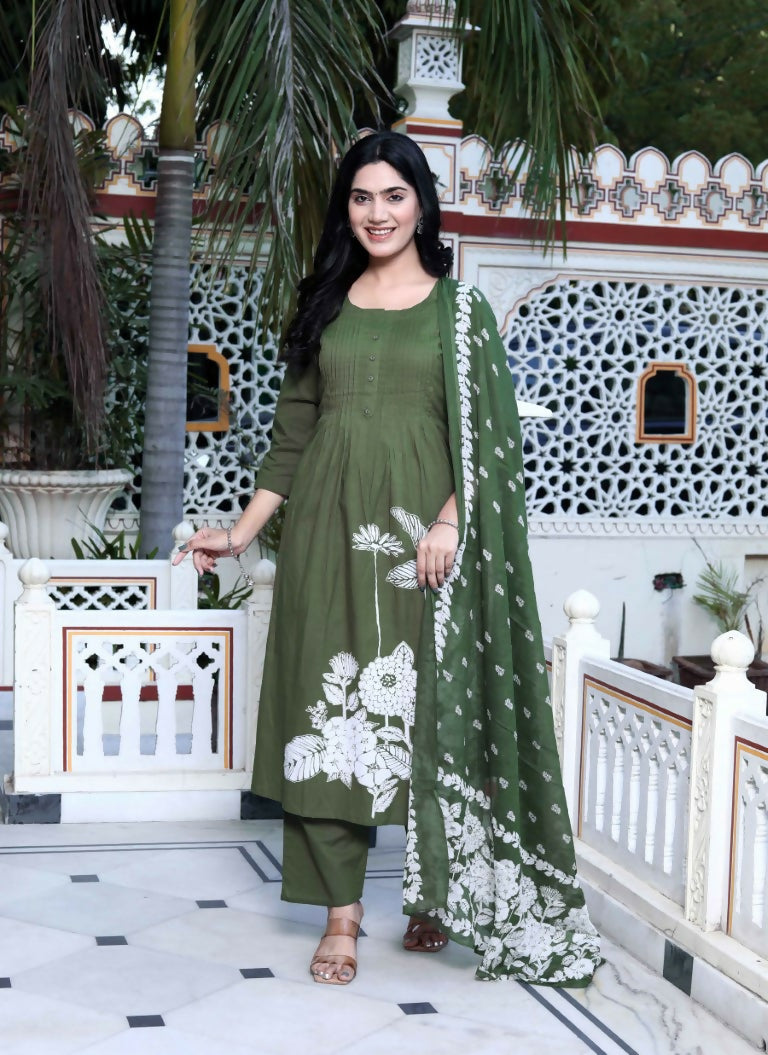 Miravan Women's Mehandi Pintucks Floral Pattern Cotton Straight Kurta with Palazzo And Floral Dupatta Set | Grocsy
