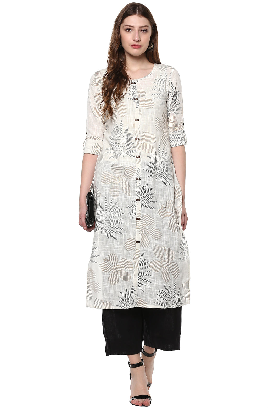 Janasya Off White Cotton Foil Print Straight kurta | Grocsy